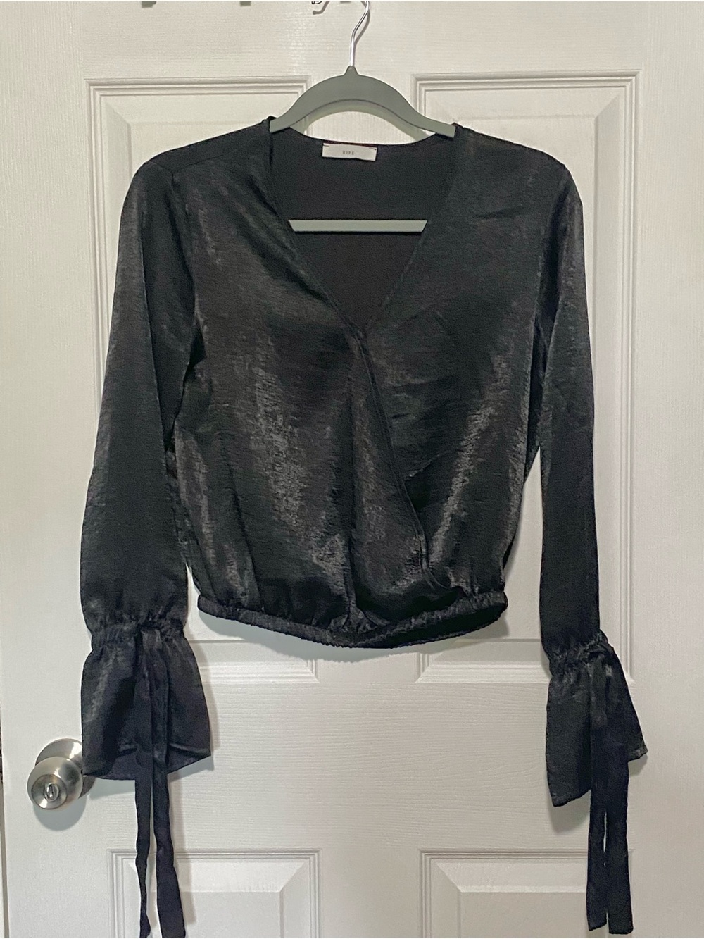 Ripe Black Satin-Look Wrap Blouse with Tie Cuffs